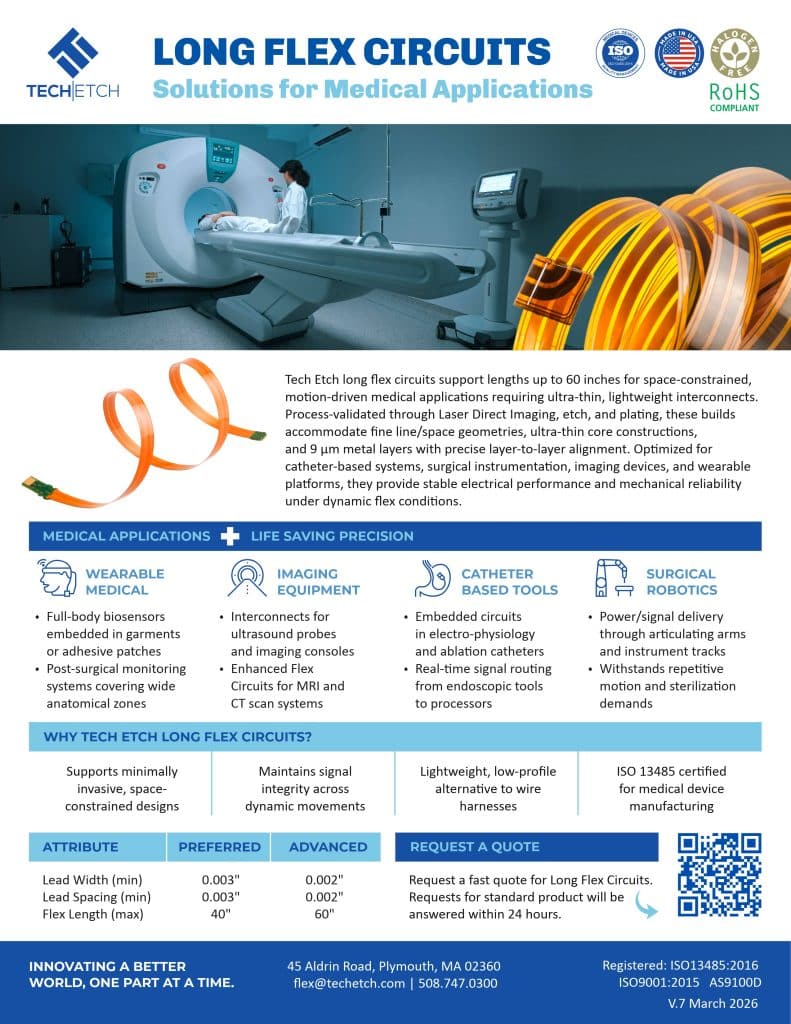 Long flex circuits for medical applications up to 60 inches with ultra-thin layers, used in imaging systems, catheter devices, and wearable medical technology