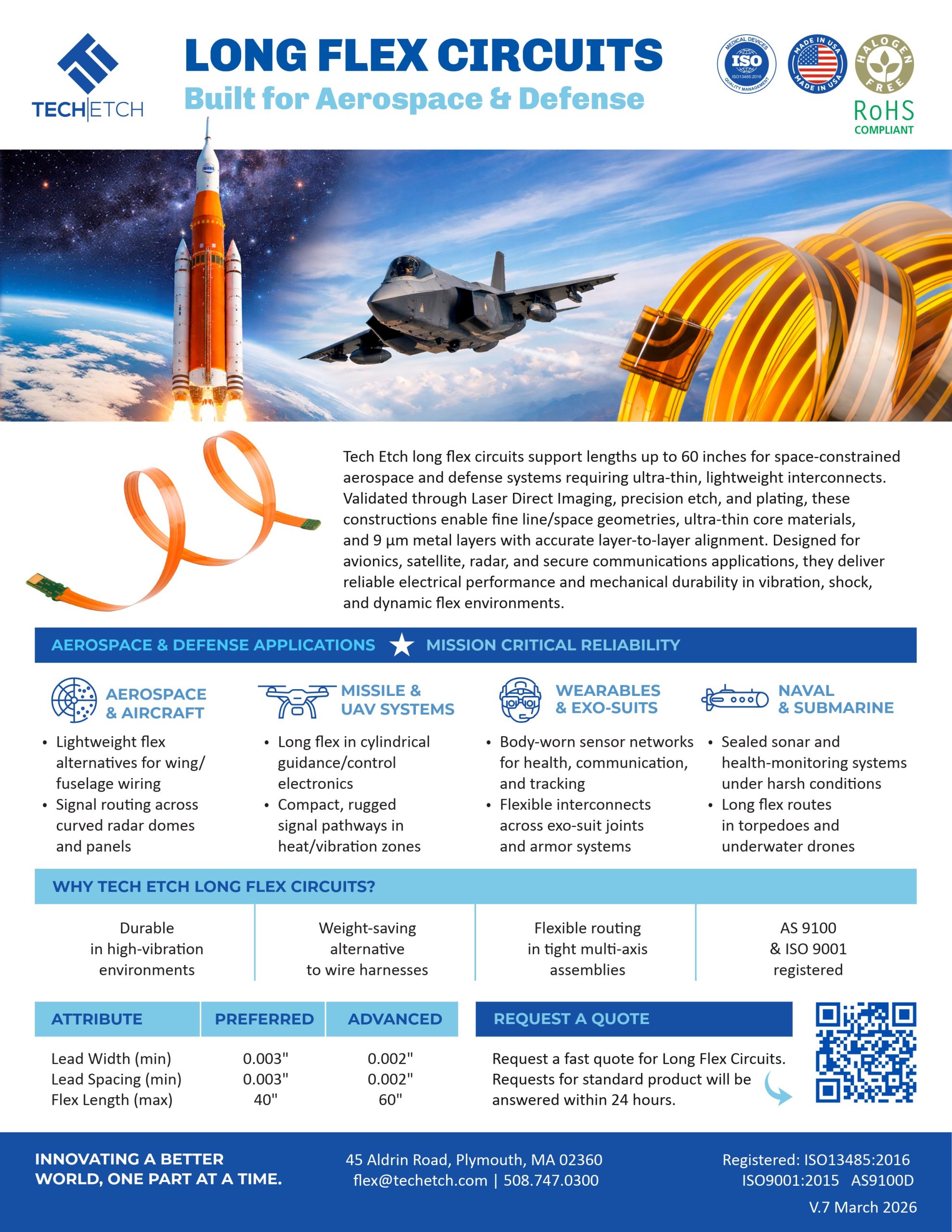 Long flex circuits up to 60 inches for aerospace and defense applications, featuring ultra-thin layers for avionics, satellites, and radar systems